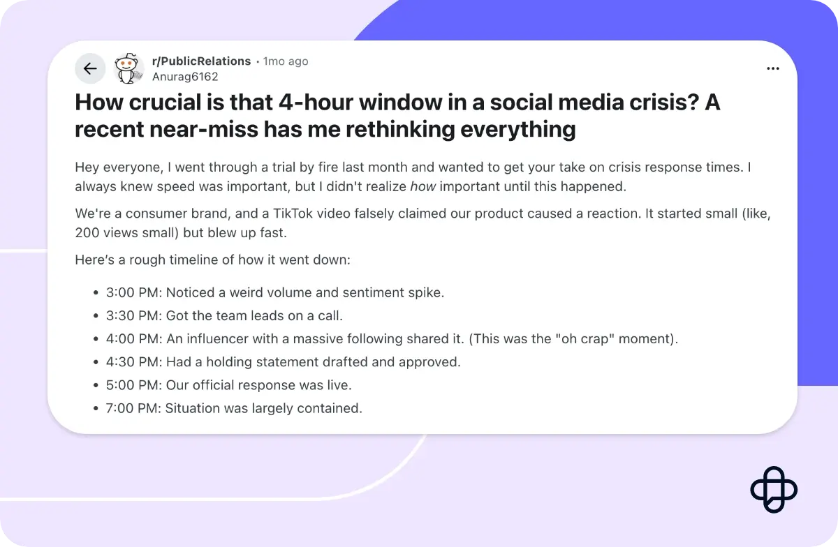 Reddit post showing user explaining how the brand she works for dealt with a crisis via social media over four hours 